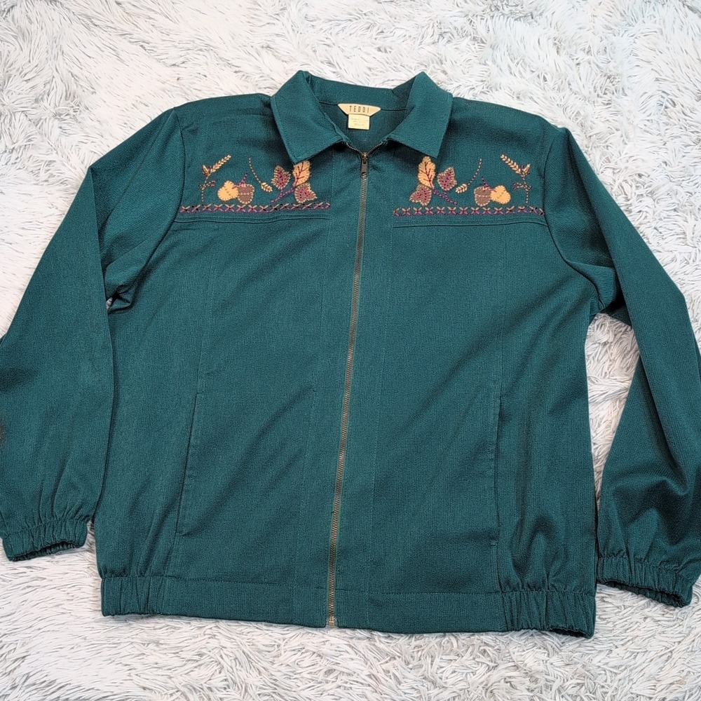 Vintage Teddi Jacket Womens M Green Lightweight Coat Stretch Pockets Embroidery